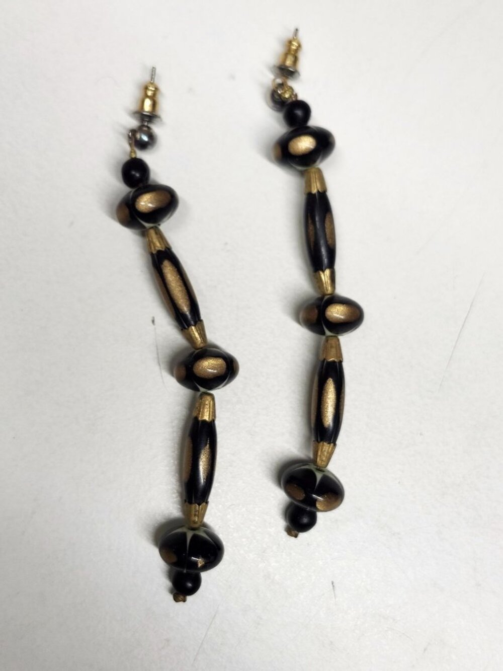2/$12 SALE Vintage Dangle Earrings Black & Gold Beaded 3.5"
